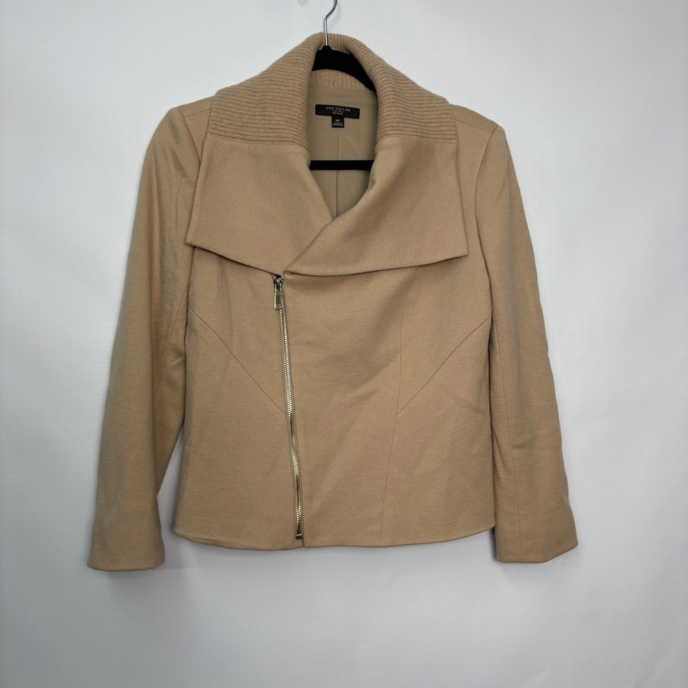 Ann Taylor Camel Wool Blend Asymmetrical Zip Moto Jacket Coat Petite 8P Ribbed